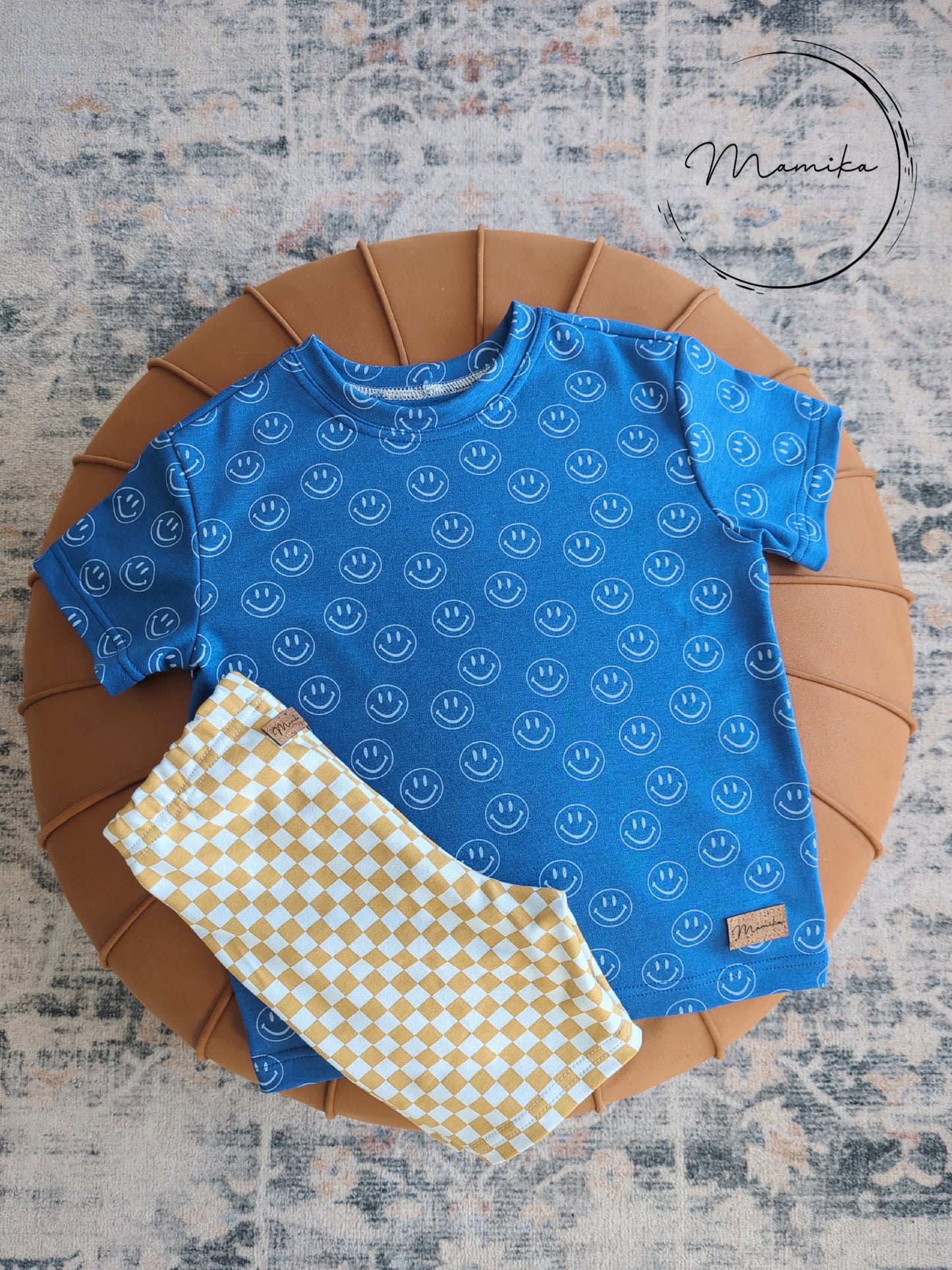 - PRÉCOMMANDE - Biker Shorts Damier Ocre et Bleu poudre